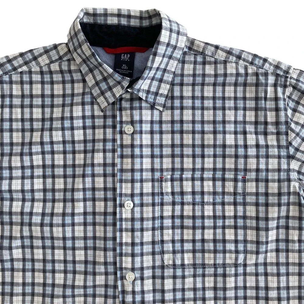 GAP Kids XL 12 Plaid SHIRT White Blue Gray button down Long Sleeve‎ Chest Pocket
